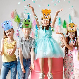 Tinlade 48 Pcs Jungle Safari Animal Headbands Sea Animals Birthday Party Hats Paper Crowns Birthday Hats Animal Hats for Kids Party (Jungle Animal)