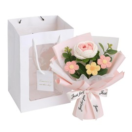 MXYZQDE 1 Stück Gehäkelte Blumen, Rosa Rosen Häkelblumenstrauß, Flower Häkelblumen Handgefertigte Dekoration Fake Blumenstrauß für Festliche Anlässe Mit Verpackung