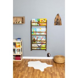 Handmade Solidwood Wall Mounted Montessori Kids Bookshelf, 4 Tier Book Display for Children Bedroom, Nursery Furniture Bookcase, Wood Pine Tree Book Organiser for Living Room (Walnut)
