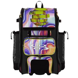 Boombah Rolling Catchers Superpack Bat Bag - 23-1/2" x 13-1/2" x 9-1/2" - Telescopic Handle - Holds 4 Bats - Wheeled Version - Softball Focus Optic Yellow/Black/Amethyst Orchid