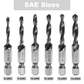 sourcing map 6pcs Combination Drill and Tap Bit Set, SAE 6-32NC to 1/4-20NC Thread 1/4" Hex Shank, TiCN Coated Threading Screw Taps Spiral Flute Tapping Tool, High Speed Steel (HSS) 4341