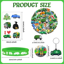 110 PCS Garbage Truck Party Favors, Garbage Trash Truck Tattoos Silicone Bracelets Keychains Stickers Badges for Garbage Truck Birthday Party Decorations Supplies Gifts for Kids Classroom Rewards
