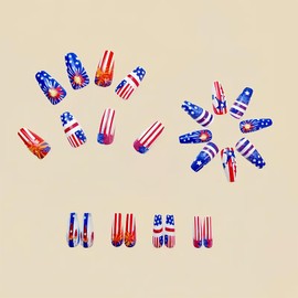 Independence Day Press on Nails National Flag Stick on Nails Medium Coffin Fake Nails with Torch Fireworks Design Glossy Shiny Glue on Nails Red Blue Artificial False Nails Full Cover Acrylic Nails