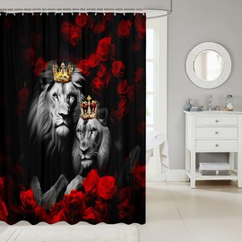 jejeloiu Wild Lion Couple Shower Curtain 72"x72" Couple Red Rose Floral Bathroom Shower Curtain Set for Girls Women Lover Gold King and Queen Crown Bath Curtain Valentine's Day Bathroom Accessories