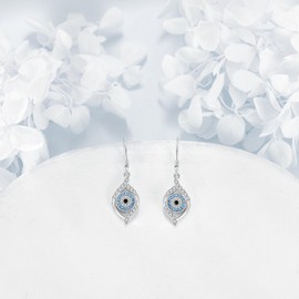 JERWLI Evil Eye Earrings 925 Sterling Silver Blue Eye Dangle Drop Earrings Luck Amulet Protection Evil Eye Jewelry Gift for Women