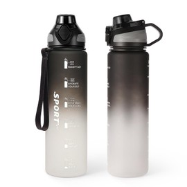 Binudum Drinking Bottle, 1 Litre BPA-Free Tritan Water Bottle, Sports Water Bottle with Time Marking for Fitness, Cycling, School and Lawn Use (Black White, 1 L)