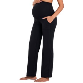 Sunzfly Maternity Wide Leg Pants Over Belly Flowy Pregnancy Lounge Yoga Pants with Pockets, Stretchy & Supportive,32 Inseam Black XL