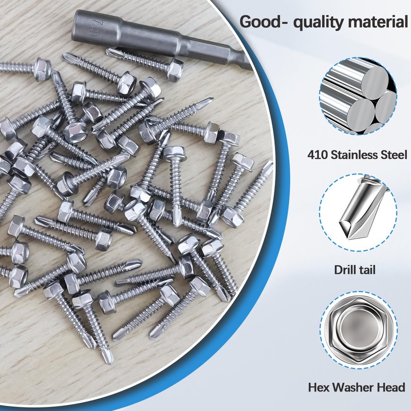 mxuteuk #8×3/4" Hex Washer Head Self Tapping Screws 410 Stainless