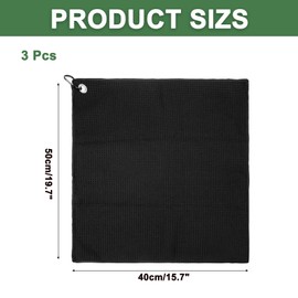 PATIKIL 20"x16" Microfiber Golf Towel, 3 Pack Tri-Fold Golf Towels Waffle Pattern Towels Absorption with D Clip, Hook and Loop Fastener, Black