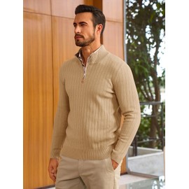 Runcati Mens Quarter Zip Sweater Mock Neck Casual Ribbed Knit Pullover Fall Lightweight Polo Sweaters Khaki