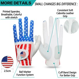 Golf Gloves Men Right Handed Golfer Left Hand Value 2 Pack, with 2 Ball Marker 1 Towel 6 USA Flag Golf Tees 3 1/4, Summer Breathable Glove Set for Mens (USA Flag, Large (Worn On Left Hand))
