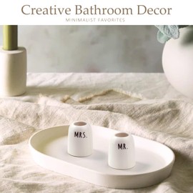 Shinlar Mr & Mrs Ceramic Toothbrush Holders - Bridal Shower Gifts for Bride, Engagement Anniversary Wedding Gifts for Couples, Mr and Mrs Gifts Toothbrush Holder for Bathrooms, White, Set of 2