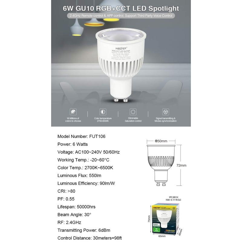 LGIDTECH FUT106 Miboxer 6W 2.4GHz WiFi Led Spotlight Bulb GU10
