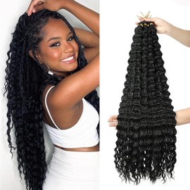 RuiFei Deep Wave Crochet Hair 30% Human Hair Mixed Long Curly Braiding Hair for Boho Braids Ocean Wave Braiding for Women 1B#, 24 Inch Pack of 6