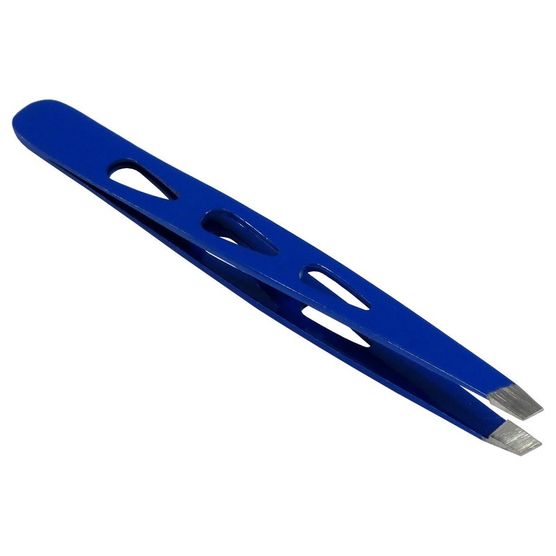 HTS 172D4 4" Blue Slanted Eyebrow Tweezers with Droplet Holes
