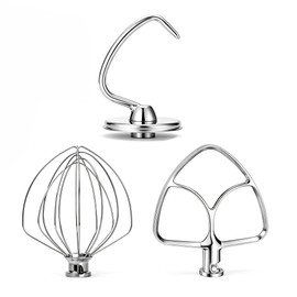 Stainless Steel Accessories Compatible with KitchenAid 4.5-5 Qt Tilt-Head Stand Mixer, Heavy Duty 6 Wire Whisk, Flat Beater and Dough Hook Set for Artisan, Classic, KSM150, Dishwasher Safe, 3pc