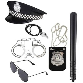 YouNuo 6Pcs Police Costume Set, Cop Costume Accessories Kit for Women Men, Police Cap Handcuff Badge Baton Whistle Sunglasses