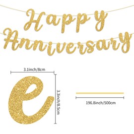 Happy Anniversary Banner Sign Gold Glitter Wedding Bunting Banner Flag Garland for Anniversary Party Decorations Supplies