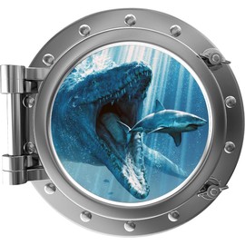 Port Scape Instant Sea Window View Mosasaurus Silver Porthole Wall Decal Jurassic Dinosaur Wall Art Sticker Kids Room Decor 18 inch