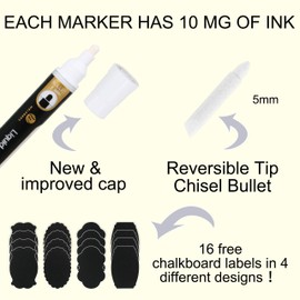 welsberg 5 White Liquid Chalk Markers with Jumbo Ink, 16 Labels and 5 extra nibs, Dry or Wet Erase Chalk Pens for Blackboards, Whiteboards, Windows, Glass, 5 mm Reversible Tip