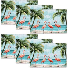 Flamingo Placemats Set of 6 Beach Coastal Table Mats Washable Palm Tree Nautical Place Mats for Home Party Indoor Kitchen Dining Table Decoration 12x18 Inch