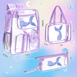 Silkfly 3 Pcs Clear Backpack Transparent PVC Clear Bookbag with Lunch Bag Pencil Case for Stadium Approved See Through Bag(Mermaid,Purple)