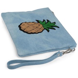 styleBREAKER Jeans Clutch mit Glitzer Pailletten Ananas, Schulterriemen und Handschlaufe, Tasche, Damen 02012176, Farbe:Hellblau