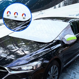 SyFednn Car Windshield Cover for Ice and Snow, 2 Side Mirror & Rearview Mirror Protector, 92''x46'' Windshield Snow Cover with Magnetic Edges, Windproof UV Sunshade Cover for Cars SUVs Vans Trucks