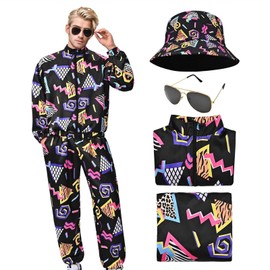 Matreeglam 80s 90s Costume Tracksuit for Men, 80s Retro Outfit with Fishing Hat Sunglasses, Fashion Sportswear for Fancy Dress Disco Party (Black, M)