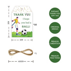 50pcs Soccer Thank You Tags, Football Gift Tag with String for Ball Themed Party, Sport Game Thank You Paper Tags for Boy Birthday Party Favors
