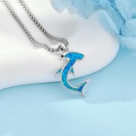 YAFEINI Hammerhead Shark Necklace S925 Sterling Silver Blue Opal Shark Pendant Necklace Hammerhead Sharks Jewelry Gifts for Women Men