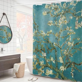 IcosaMro Van Gogh Shower Curtain for Bathroom with Hooks, Almond Blossom Flowers Decorative Long Cloth Fabric Shower Curtain Bath Decorations - 71Wx72L, Green