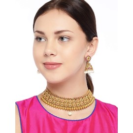 Aheli Antique Gold Tone Choker Necklace Jhumki Earrings Set Studded with Faux Stones Indian Wedding Fashion Jewelry Gift for Women