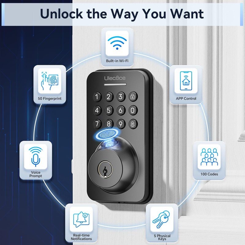 Ulecoce Keyless Entry Door Lock Built-in WiFi with Handle Set,