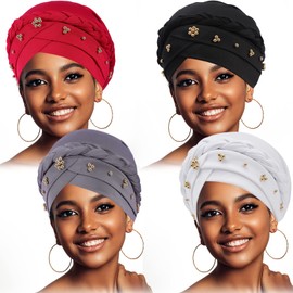 4 Pack Women's Turban Cap, Beaded Headscarf Beanie, African Braid Turban Cap for Women, Twisted Beaded Wrap Hat (Black, White, Grey, Red)