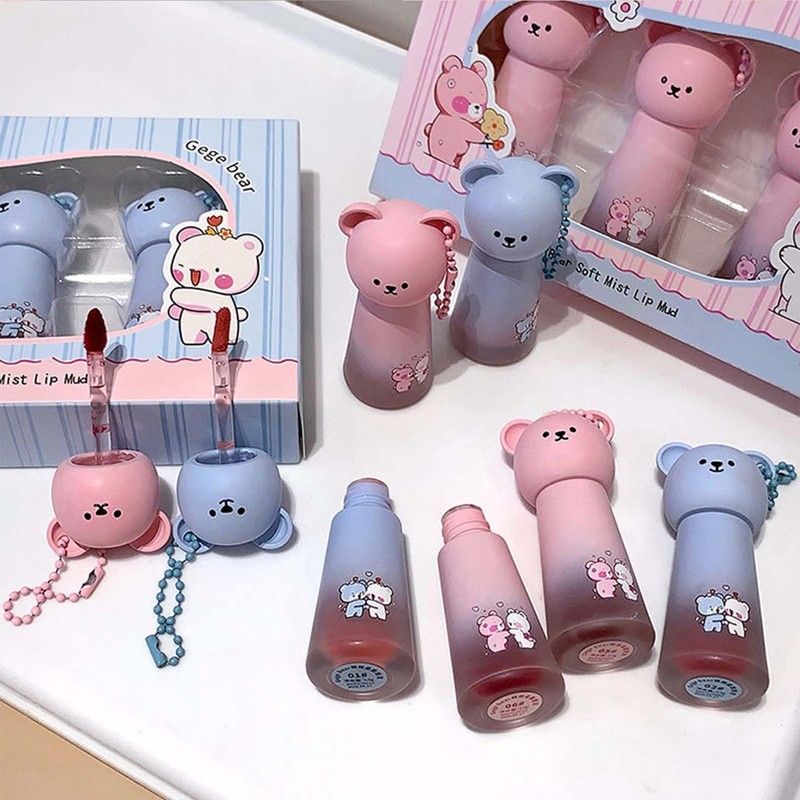 4Pcs Cute Bear Liquid Lipstick Set,Velvet Cream Red Long Lasting