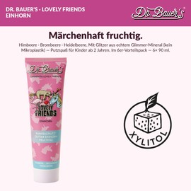 Dr. Bauer's Lovely Friends Children's Toothpaste with Magic Glitter Figures, Vegan Dental Care with Xylitol Against Caries, Playful Cleaning Fun for Children from 2 Years, 6 x 90 ml