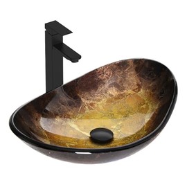 Bathroom Boat Shape Artistic Glass Vessel Sink Free Black Faucet and Pop-up Drain Set, Gold