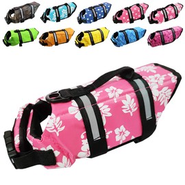 Dog Life Jacket Easy-Fit Adjustable Belt Pet Saver Swimming Safety Swimsuit Preserver with Reflective Stripes for Doggie (S, Flowers and Pink)