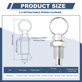 PATIKIL 2 Pcs Spring Plunger with Pull Ring, M16x1.5 Stainless Steel Pull Ring Indexing Plunger Retractable Spring Manual Plungers for Mould Cabinet Industrial Equipment