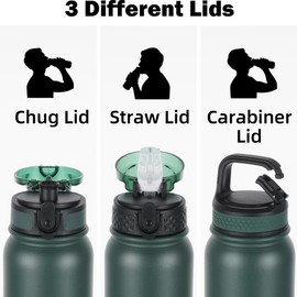 Oldley Insulated Water Bottle 20oz Water Bottles with Straw, Stainless Steel Water Bottle with 3 Lids, Double Wall Vacuum Bottles for Adult Kids, Sports Bottles for School Travel,Green-black