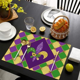 rouihot Mardi Gras Set of 6 Placemats for Dining Table,Gold Fleur De Lis Home Kitchen Decor Non-Slip Place Mats for Party 12 x 18 Inch Purple