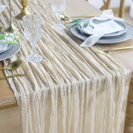 DROMCOM Pack of 2 90 x 300 cm Beige Cheesecloth Table Runner Long Rustic Gauze Table Runner, Romantic Semi-Transparent Fabric Table Runner Boho for Wedding Decoration, Birthday Party