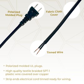 Royal Designs Lamp Cord Molded Plug with On/Off Switch, Stripped Ends Ready for Wiring, 8 ft long, Black, SPT-1 UL Listed