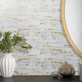 DICOFUN 10-Sheet White Marble Mixed Metal Gold Peel and Stick Backsplash Tile, Faux Stone PVC Stick on Backsplash Tiles for Kitchen, 9.4 sq.ft