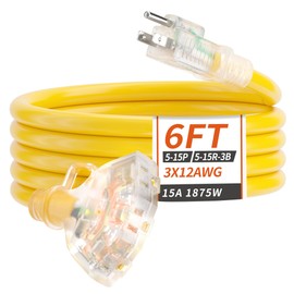 PlugSaf 6 FT 12/3 Gauge Outdoor Extension Cord with Multiple Outlets Light Indicator, Flexible 3 Outlet Weatherproof Heavy Duty Extension Cord Waterproof Yellow, 15A 1875W 12AWG SJTW, ETL Listed