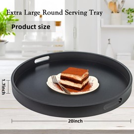 Large Round Black Tray, 20" Wood Serving Trays/Decorative Trays with Handles, Extra Large Black Ottoman Tray for Coffee Table and Home Kitchen
