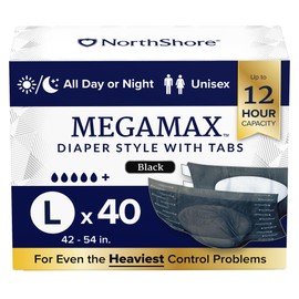 NorthShore MegaMax Adult Overnight Diapers, 12-Hour Tab-Style, Large, 40 Count Case, Black, 42-54 inches, Unisex Incontinence Underwear
