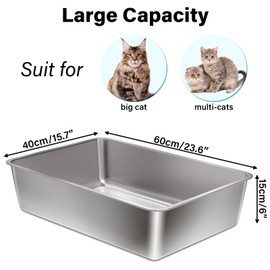 Stainless Steel Litter Box XL, 23.6" X 15.7" X 6" Steel Litter Box,Extra Large Metal Litterbox for Big Cat, Multiple Cats,Non Stick and No Smell, Easy Cleaning