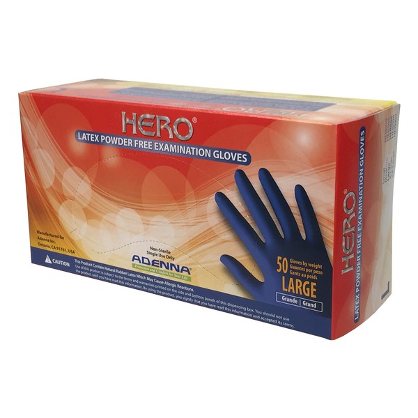 Adenna HER006 Hero 14 mil Powder-Free Latex Gloves, Extended Cuff, Medical Grade, Blue, Large, Box of 50